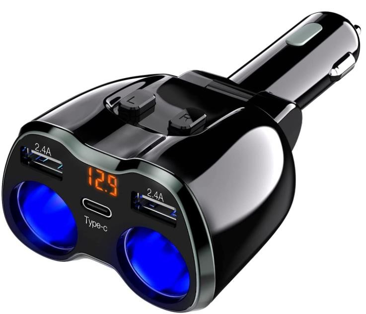 USB C Car Charger, 2 Sockets Cigarette Lighter Splitter 12/24V 80W Dual USB Type-C Ports Separate Switch LED Voltage Display Built-in Replaceable 10A Fuse Compatible Mobile Cell Phone GPS Dash Cam