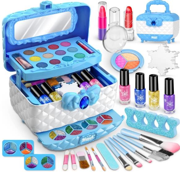 Mozok Kids Makeup Kit for Girl, Frozen Theme Real Play Make Up Toys for 3 4 5 6 7 8 9 10 11 12 Year Old Girls, Washable Pretend Dress Up Beauty Set Cosmetic Case, for Little Girls