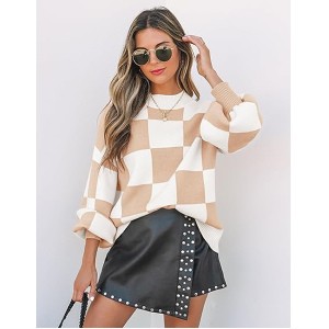 ZESICA Women's Fall Fashion Turtleneck Long Sleeve Striped Ribbed Knit Loose Pullover Sweater Tops