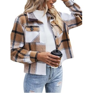 Zeagoo Flannels for Women Cropped Shacket Jacket Fashion Plaid Button Down Shirt 2024 Fall Coat Tops