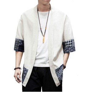 PRIJOUHE Men's Kimono Jackets Cardigan Lightweight Casual Cotton Blends Linen Seven Sleeves Open Front Coat Outwear