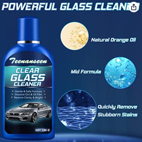 Car Glass Oil Film Cleaner, Car Glass Cleaner with Sponge, Glass Cleaner for Auto and Home Eliminates Water Spots, Bird Droppings, Coatings, and More to Polish and Restore Glass to Clear (180g)