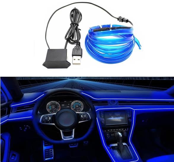 EL Wire Interior Car LED Strip Lights, LEDCARE USB Neon Glowing Strobing Electroluminescent Wire Lights with 6mm Sewing Edge, Ambient Lighting Kits for Car, Garden, Decorations (5M/15FT, Blue)