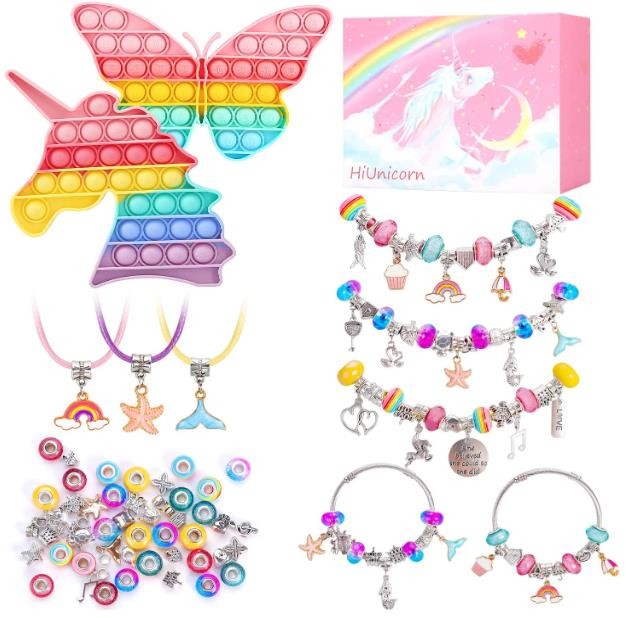 HiUnicorn Charm Bracelets Making Kit Gifts for Girls, DIY Beads for Bracelets & Necklaces Jewelry Making Kit, Christmas Gifts, Crafts for Girls Age 6-12, Rainbow Unicorn Butterfly Pop Fidget Toys