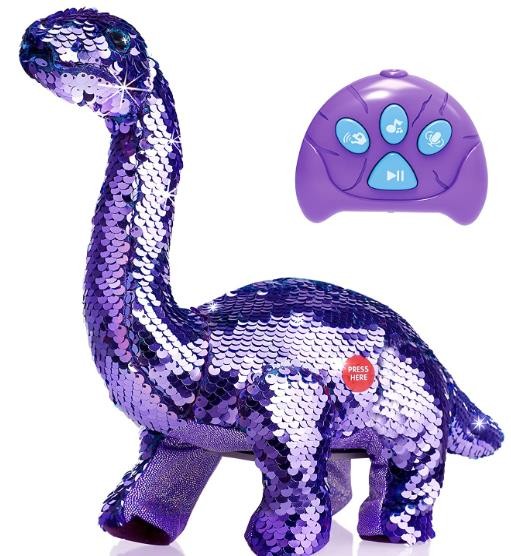 Remote Control Reversible Sequins Dinosaur Toy for 2 Years Old & Up Girls Boys, RC Dino Can Repeat & Walk & Roar& Sing, Christmas Birthday Gifts for Toddlers Kids