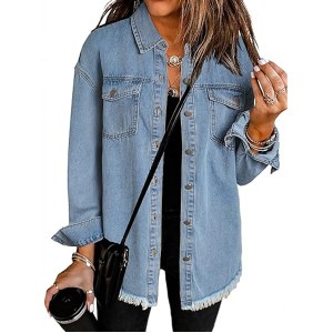 Dokotoo Women's Oversized Denim Jacket Casual Long Sleeve Denim Shirts Distresse Jean Jacket 2025 Spring Outfits