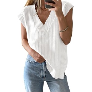 Saodimallsu Womens V Neck Sweater Vest Oversized Ribbed Knit Sleeveless Casual Loose Fit Pullover Tank Top