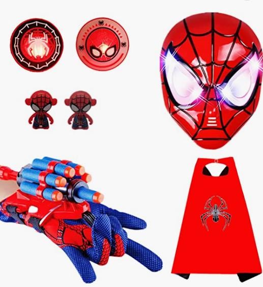 Super hero toys and LED masks, children's superhero clothing, web-shooters and superhero spider badge, suitable for birthday gifts, role -playing, Christmas