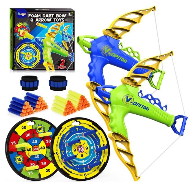 V-Opitos 2 Pack Bow and Arrow Toys for Boys Age 3, 4, 5, 6, 7, 8 Years Old, 2 Bows with 2 Shooting Targets for Kids Indoor & Outdoor Games, Ideal Birthday & Christmas Gifts for Boys & Girls
