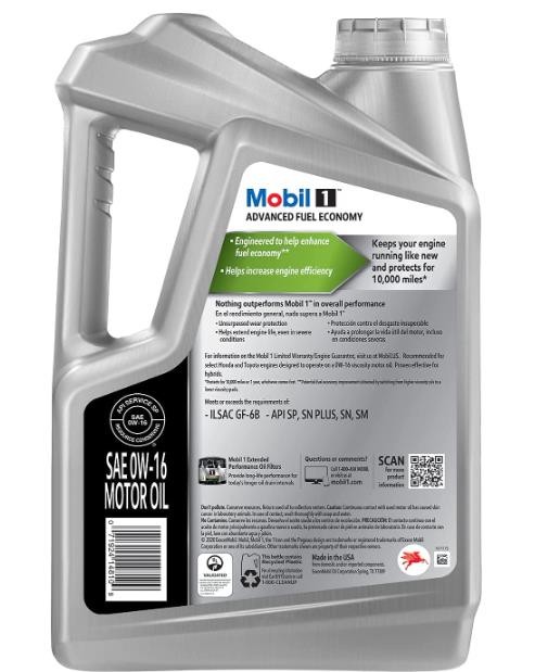 Mobil 1 Advanced Fuel Economy Full Synthetic Motor Oil 0W-16, 5 Quart