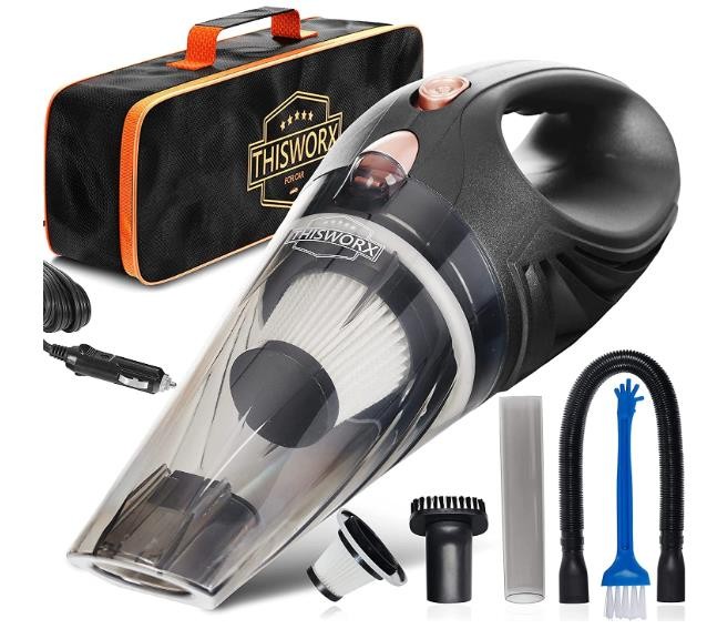 ThisWorx Car Vacuum Cleaner - Car Accessories - Small 12V High Power Handheld Portable Car Vacuum w/Attachments, 16 Ft Cord & Bag - Detailing Kit Essentials for Travel, RV Camper