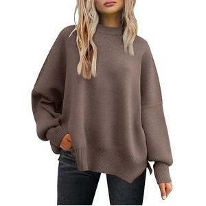 LILLUSORY Women's Oversized Batwing Sweaters 2024 Fall Outfits Crewneck Ribbed Knit Side Slit Trendy Pullover Tops