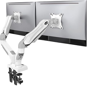 HUANUO Dual Monitor Stand - Full Adjustable Monitor Desk Mount Swivel Vesa Bracket with C Clamp, Grommet Mounting Base for 13 to 32 Inch Computer Screens - Each Arm Holds 4.4 to 19.8lbs - Whtie
