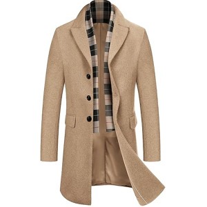 COOFANDY Men's Wool Blend Coat with Detachable Plaid Scarfs Notched Collar Single Breasted Pea Coat Trench Overcoat
