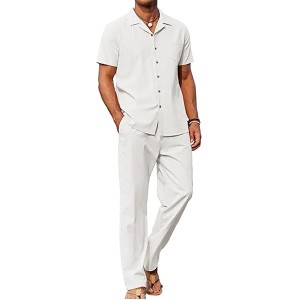 COOFANDY Men 2 Piece Linen Outfit Beach Button Down Shirt Casual Loose Pant Sets