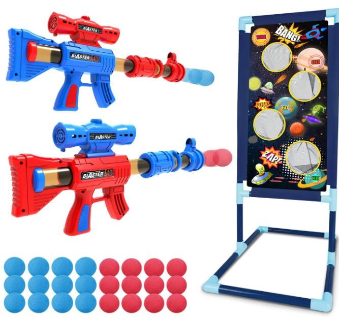 LURLIN Shooting Game Toy for Age 6, 7, 8,9,10+ Years Old Kids, Boys - 2pk Foam Ball Popper Air Guns & Shooting Target & 24 Foam Balls - Ideal Gift - Compatible with Nerf Toy